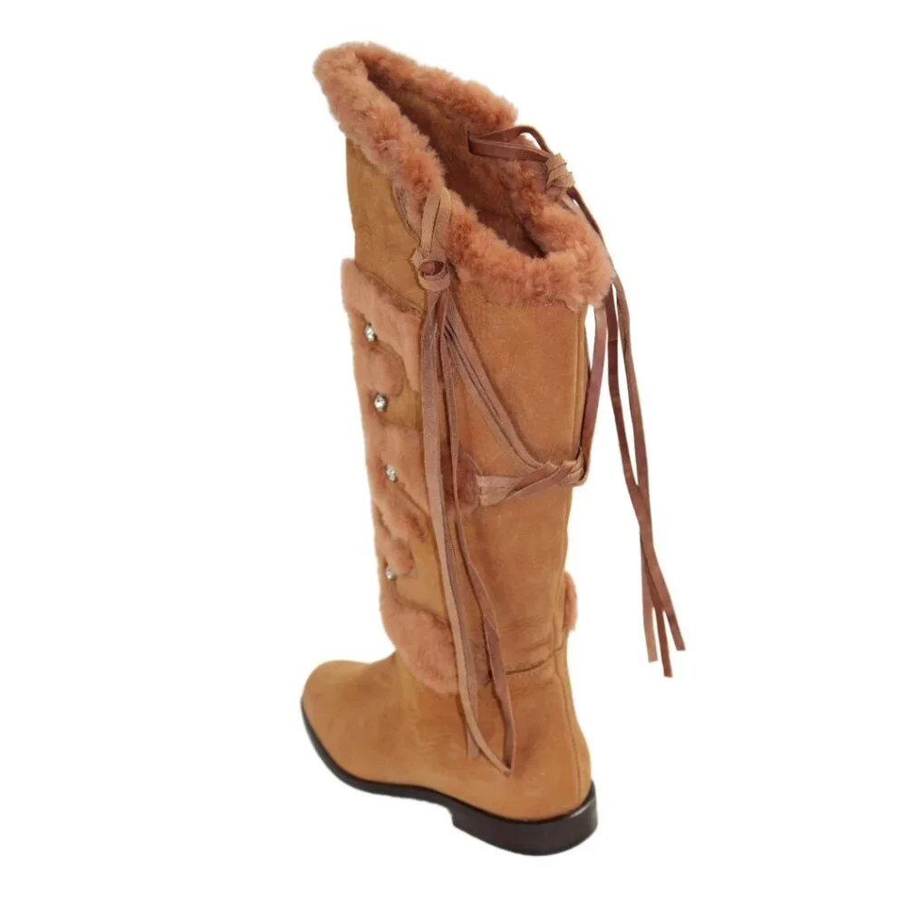 Russell & Bromley Rust Brown Leather Shearling Stud Accent Tall Boot, Size 36.5